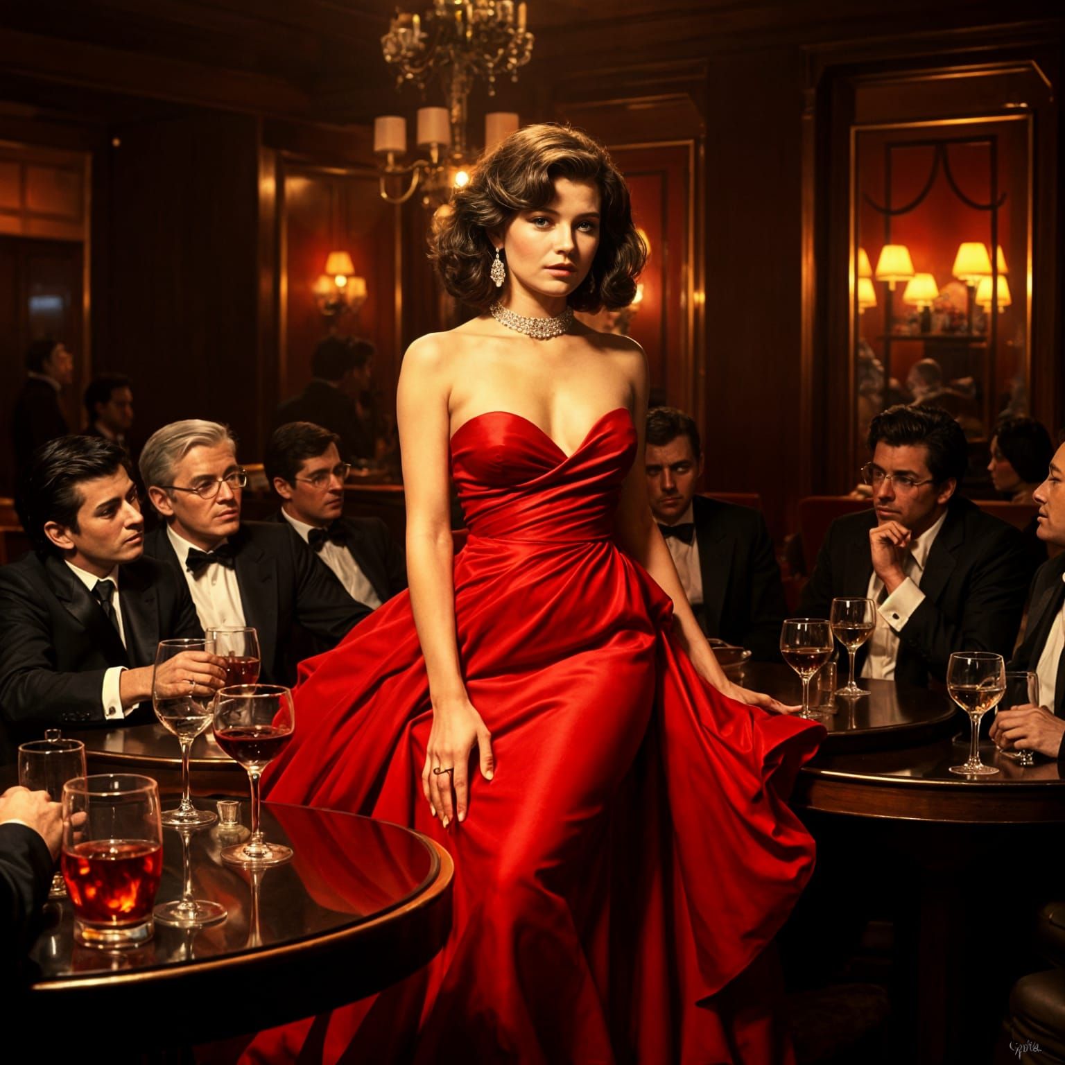 Stylish Woman in Red Gown, Nightclub Scene