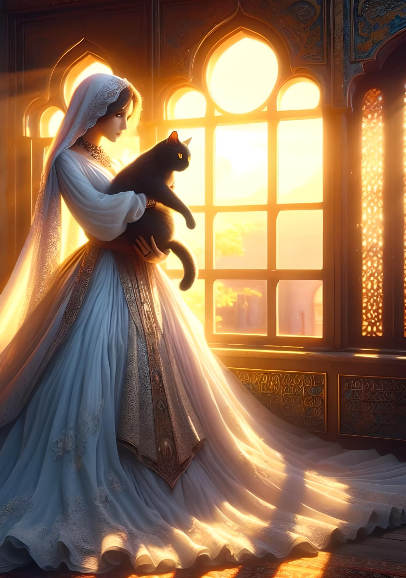 Woman with Black Cat in Matte Painting Style