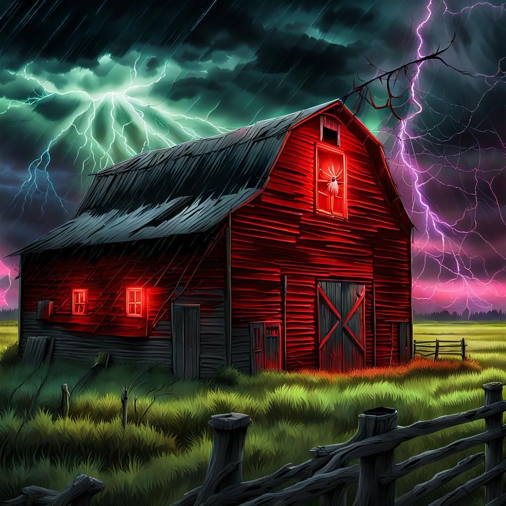 Neon Spider on Barn Roof Amidst Tornado
