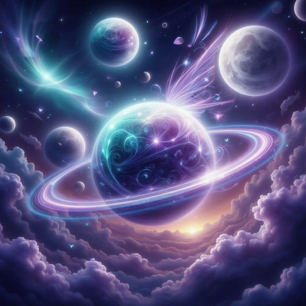 Purple and Teal Alien Planet with Three Moons