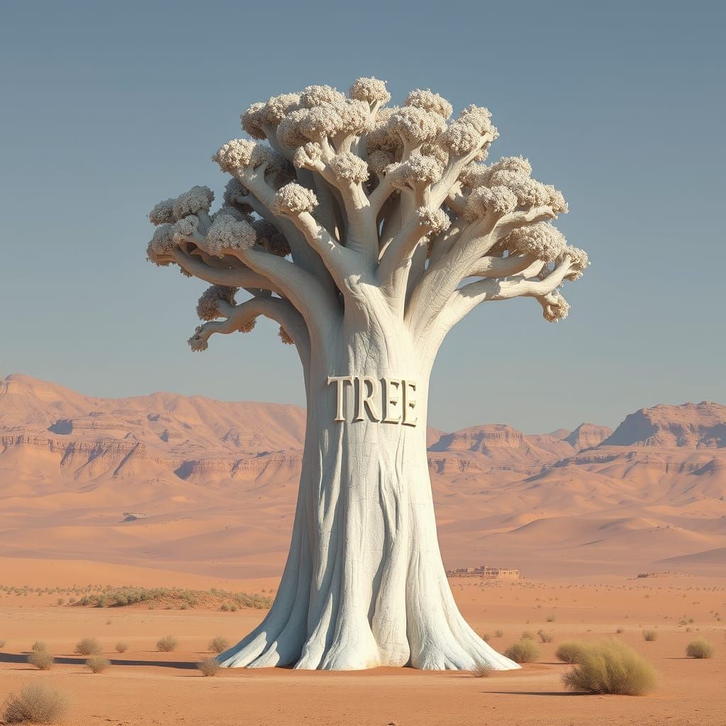 Colossal Marble Tree Statue in Arid Desert