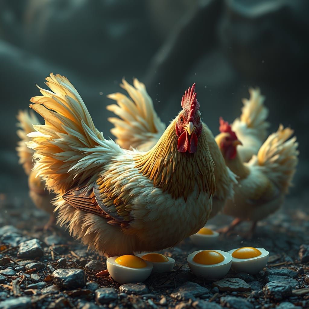 Chickens Laying Hard-Boiled Eggs: Detailed Matte Painting