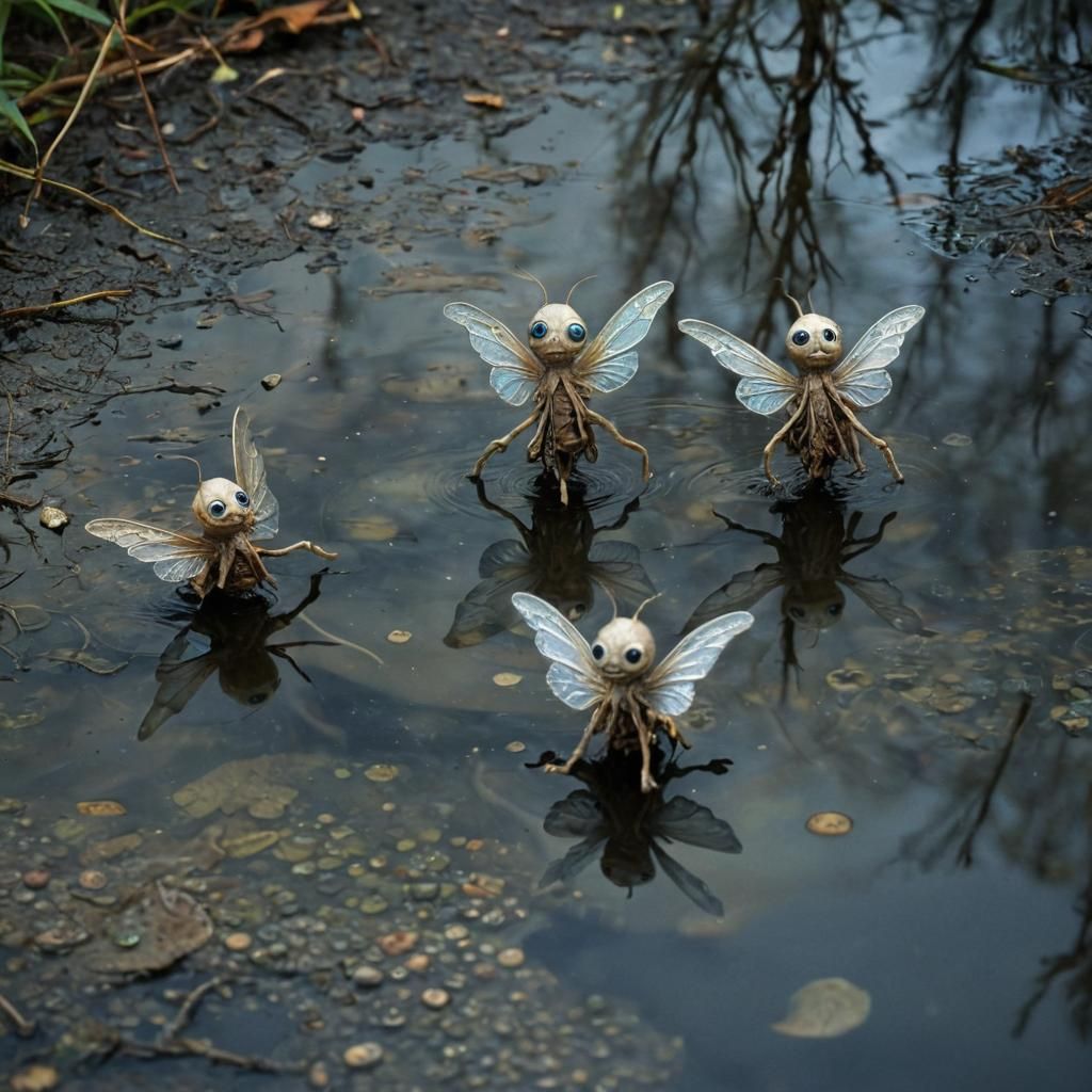 Surreal Microcosm of Strange Creatures in Rippling Puddle