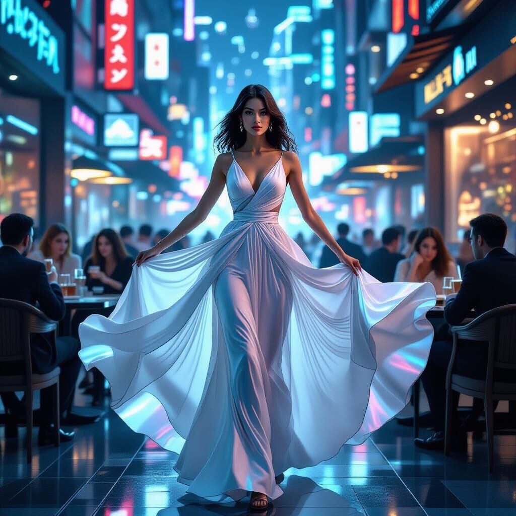 Woman's Dress Reveals Bustling Cafe in Futuristic Style