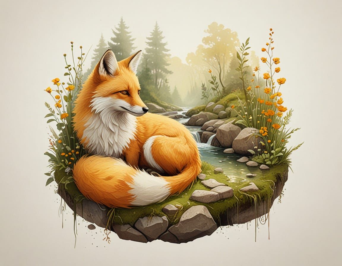 Golden Fox Rests by Stream in Sunlit Forest