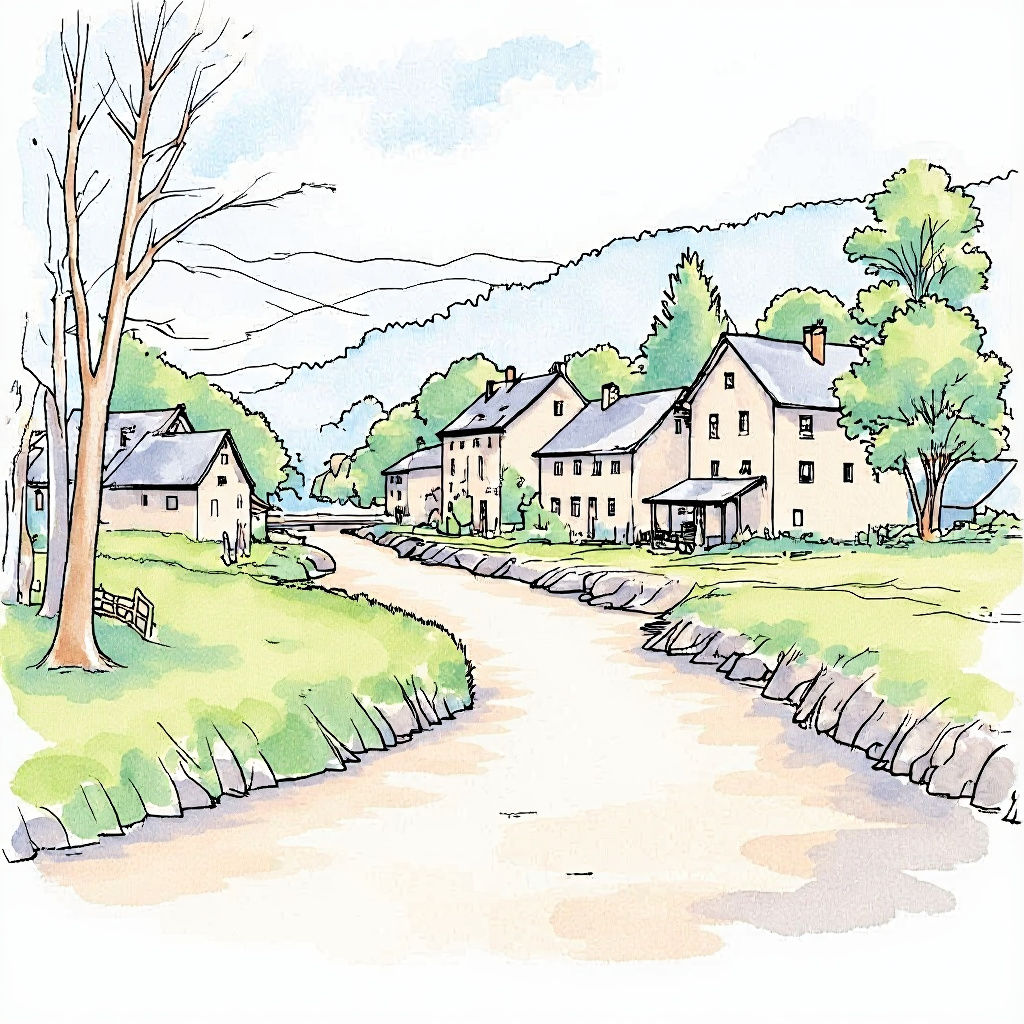 Riverside Village Dawn Art in Watercolor Style