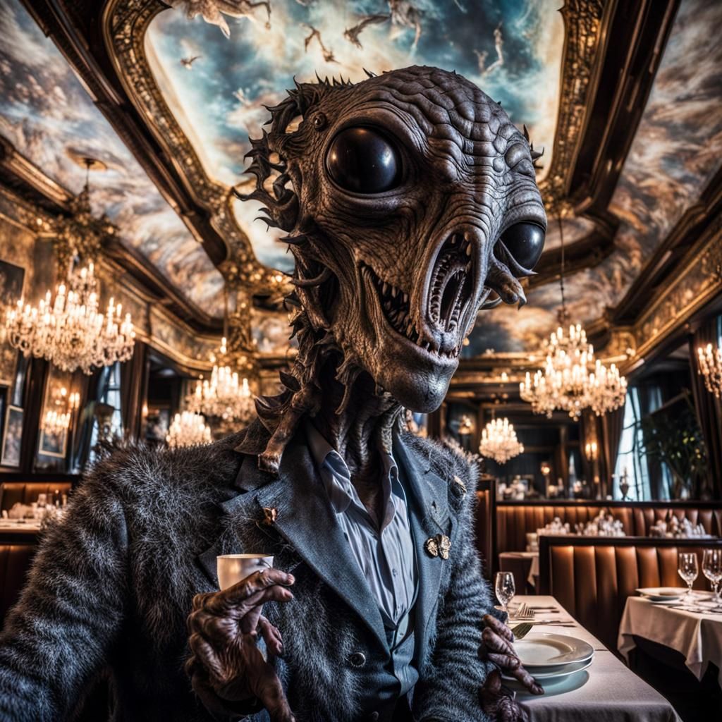 Surreal Restaurant Scene with Exotic Aliens