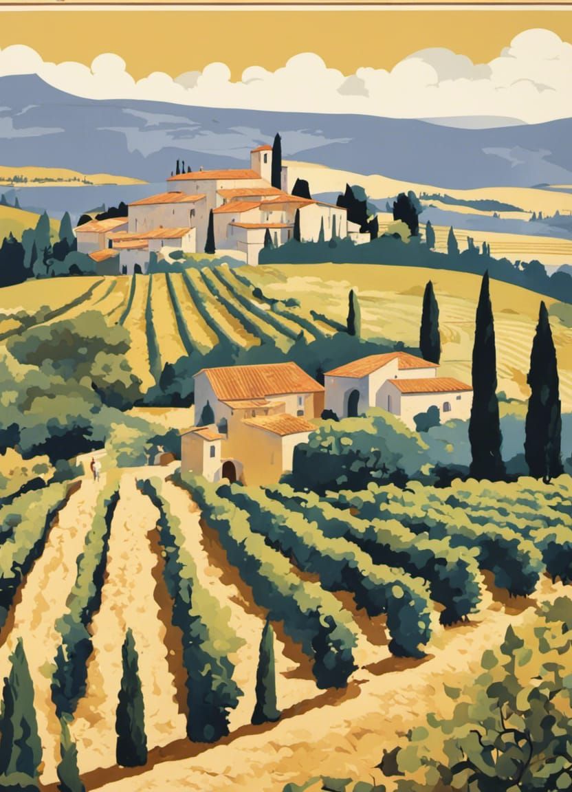 Provence Vineyards in 1930s Poster Style