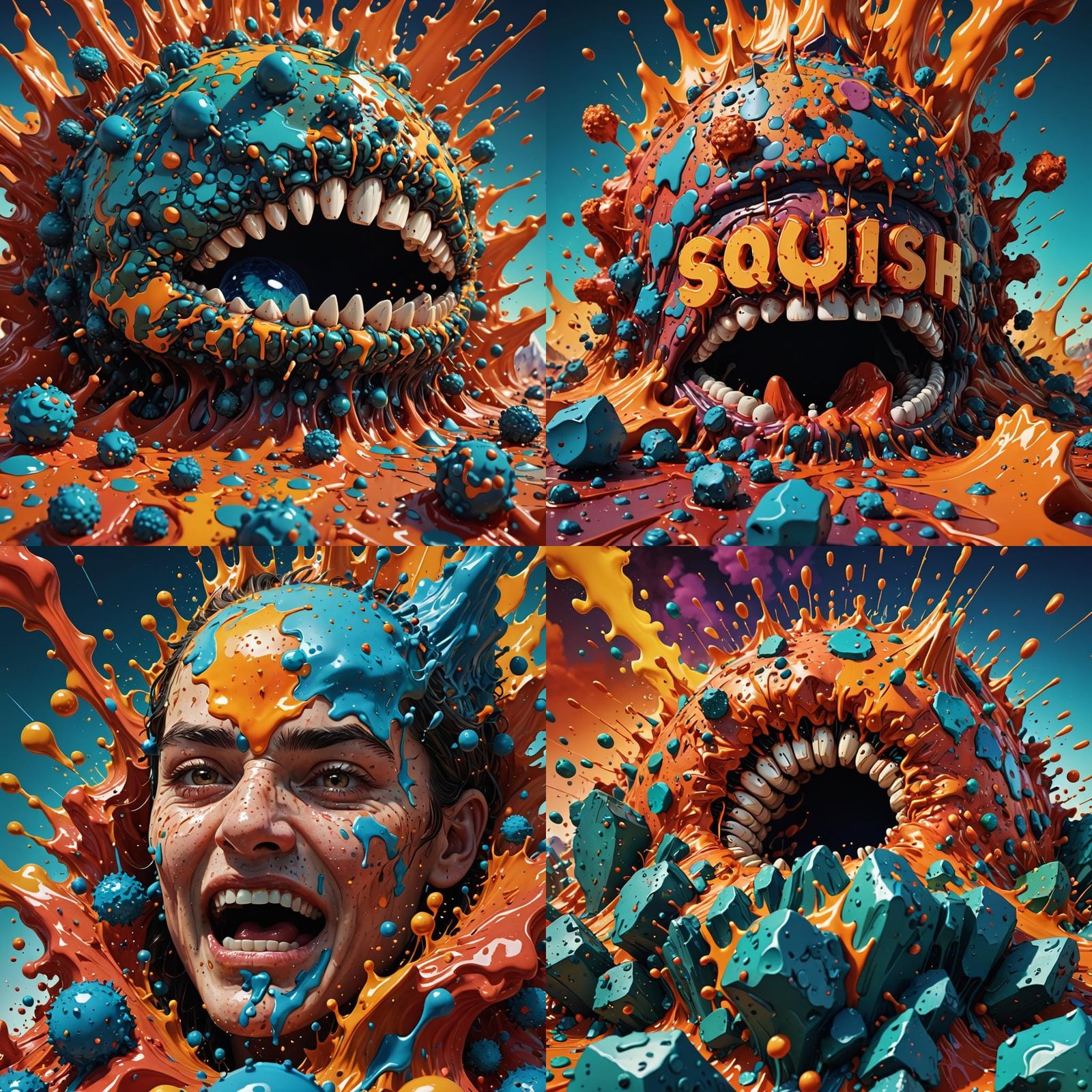 Hyperrealistic Pimple Explosion with 'Squish' Text