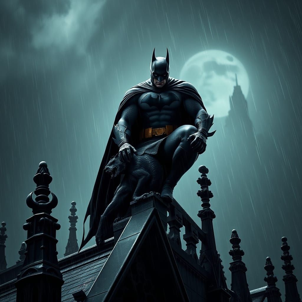 Batman on Gotham Cathedral: A Film-Noir Scene