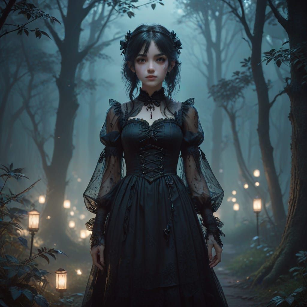 Mysterious Gothic Lolita in a Misty Forest