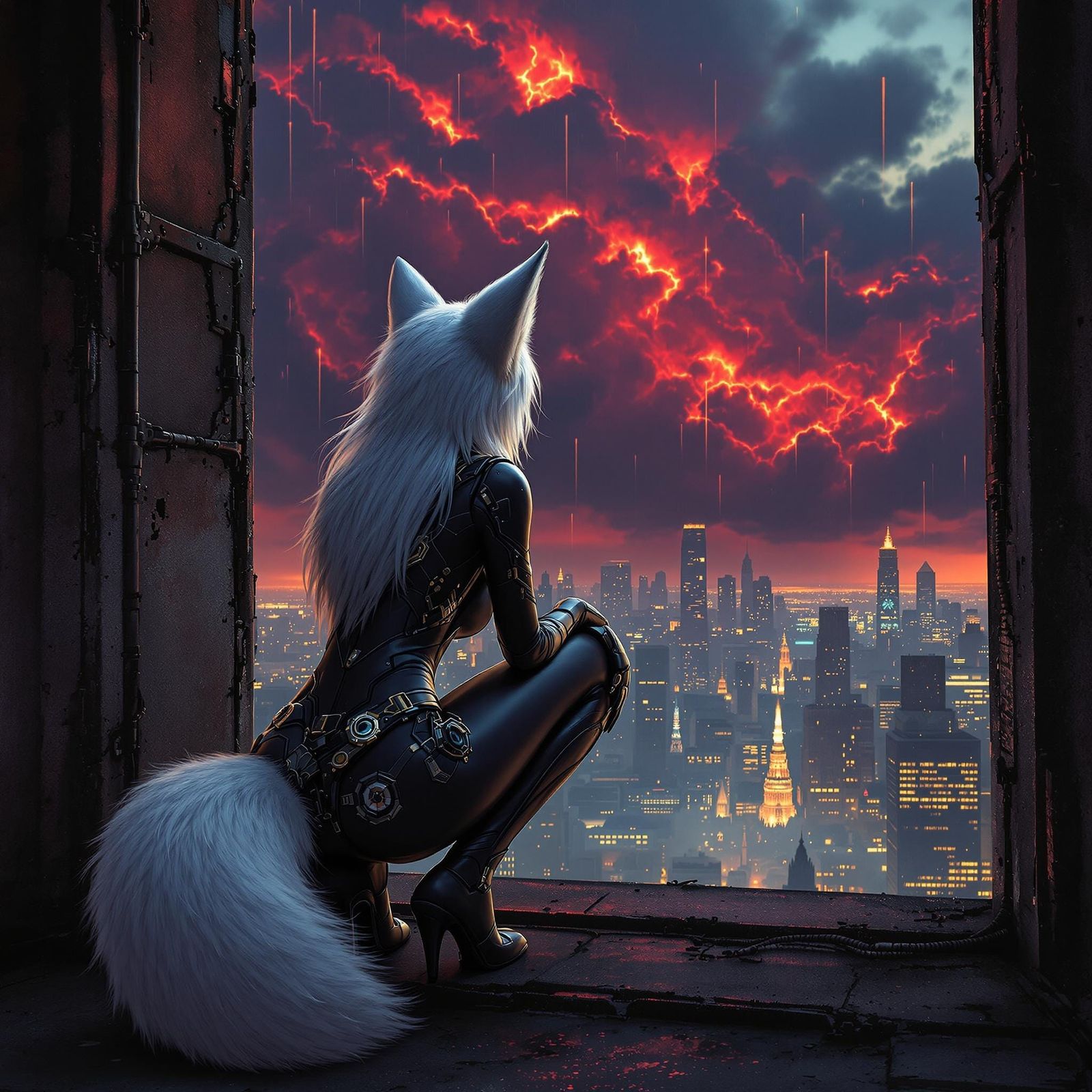Anthropomorphic Fox Girl Hunts in Dystopian Cityscape