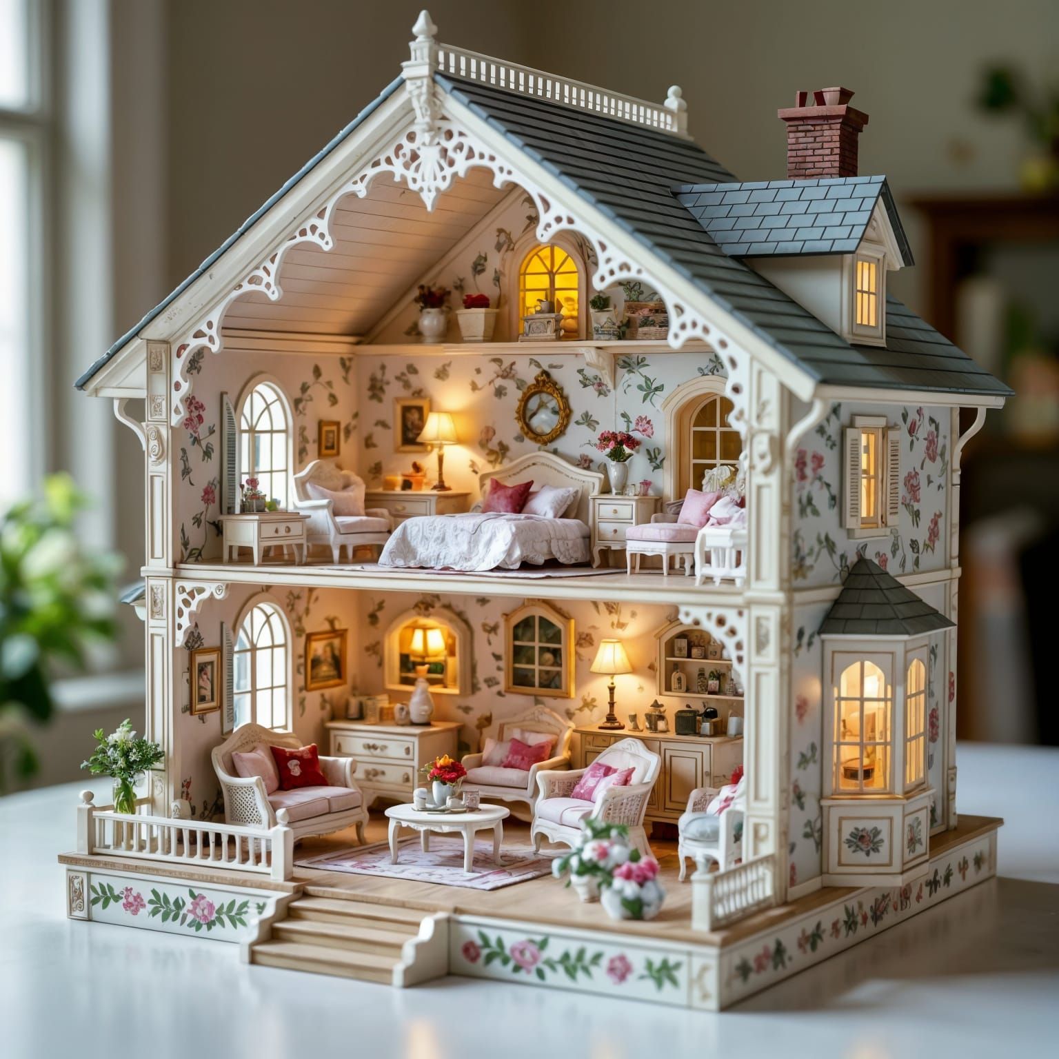 Ornate Miniature Dollhouse with Intricate Details