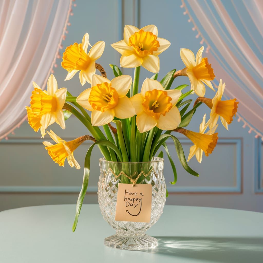 Daffodils in Crystal Vase with Cheerful Note