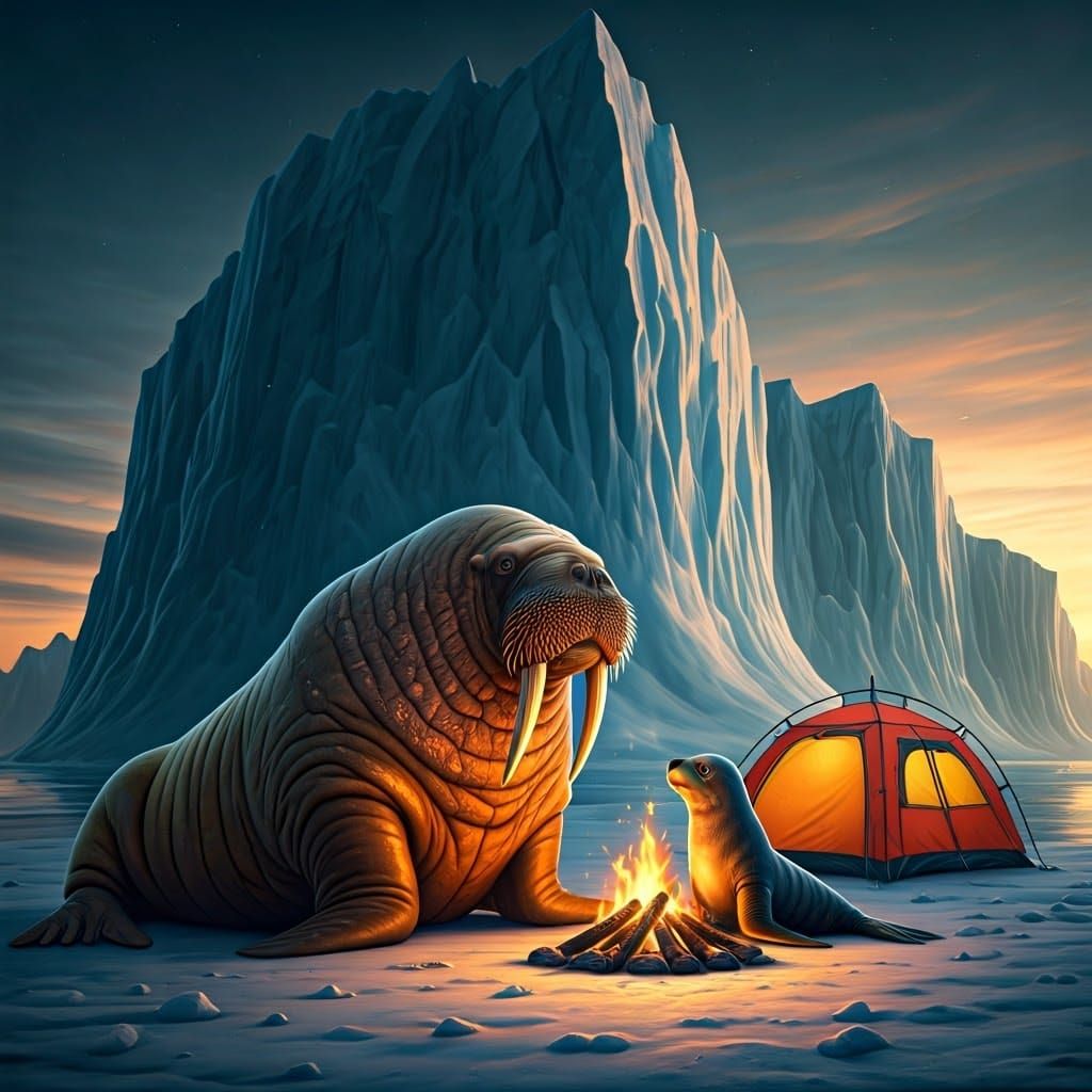 Walrus and Sea Lion by a Flickering Fire on an Iceberg