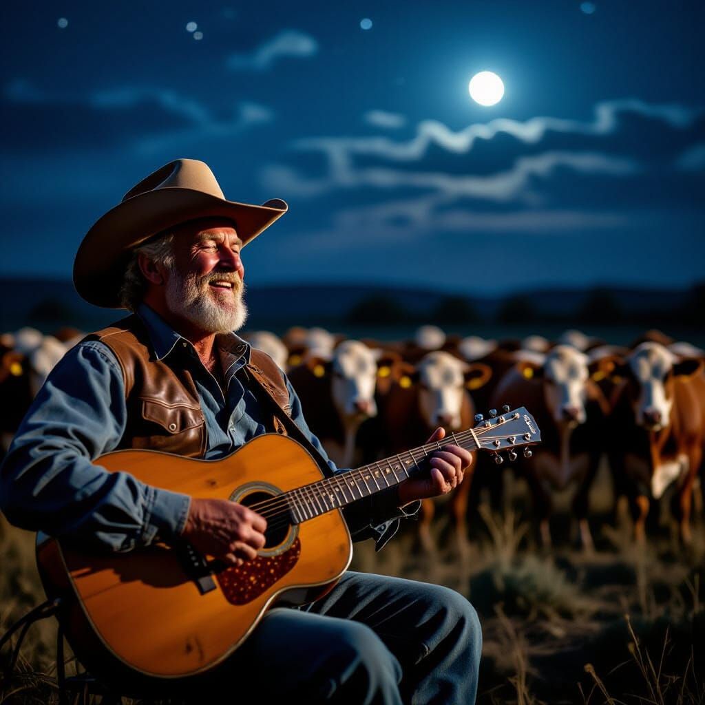 Cowboy Sings to Cows Under Moonlight, Cinematic Film Still