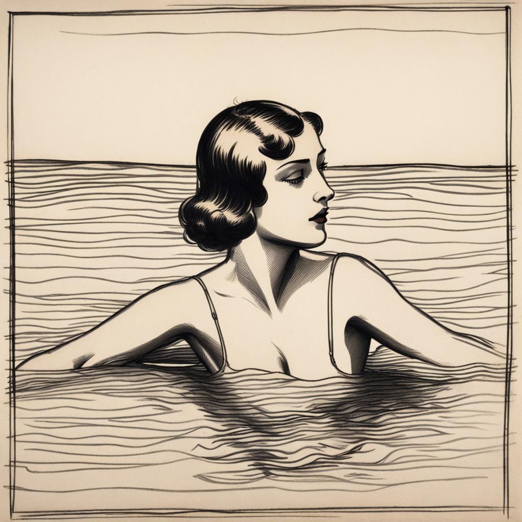 1930s Woman Swimming in Sketchy Ink Drawing