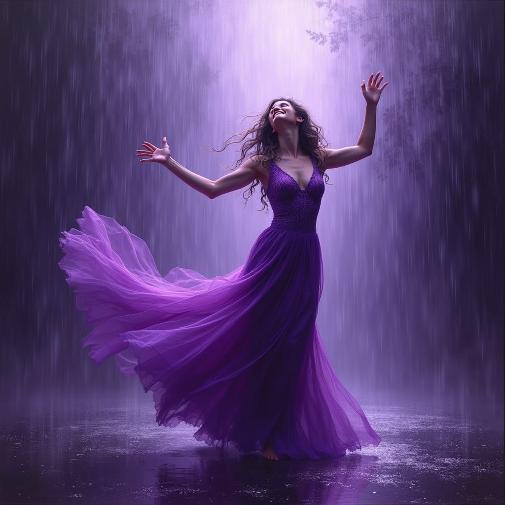 Ethereal Woman Dances in Lavender Rain