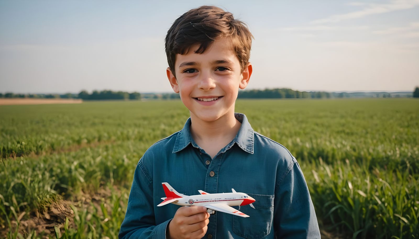 Boy with Airplane Model Ready for Flight