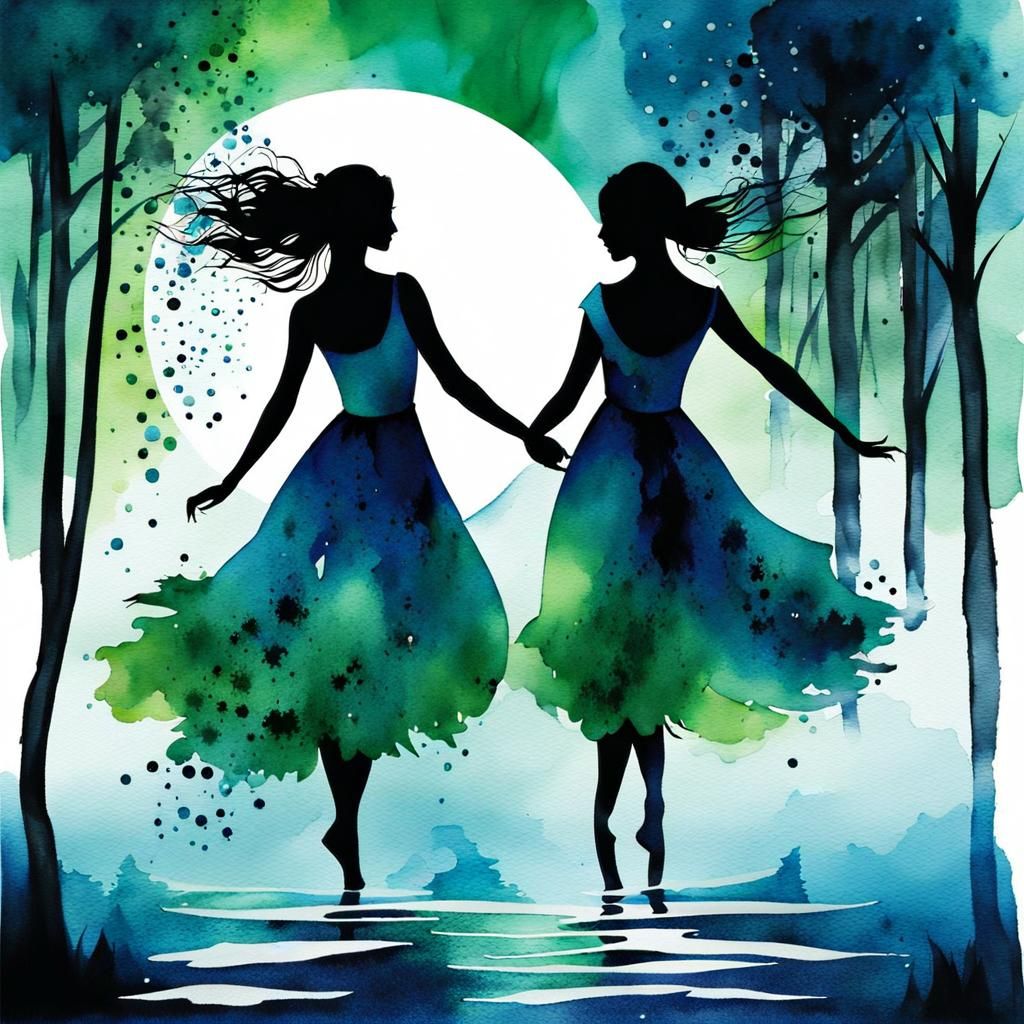 Dancing Nymphs Watercolor Portrait Under the Moon