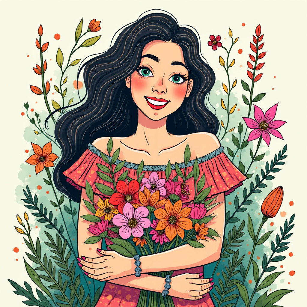 Trans Woman Embracing Flowers in Digital Folk Art