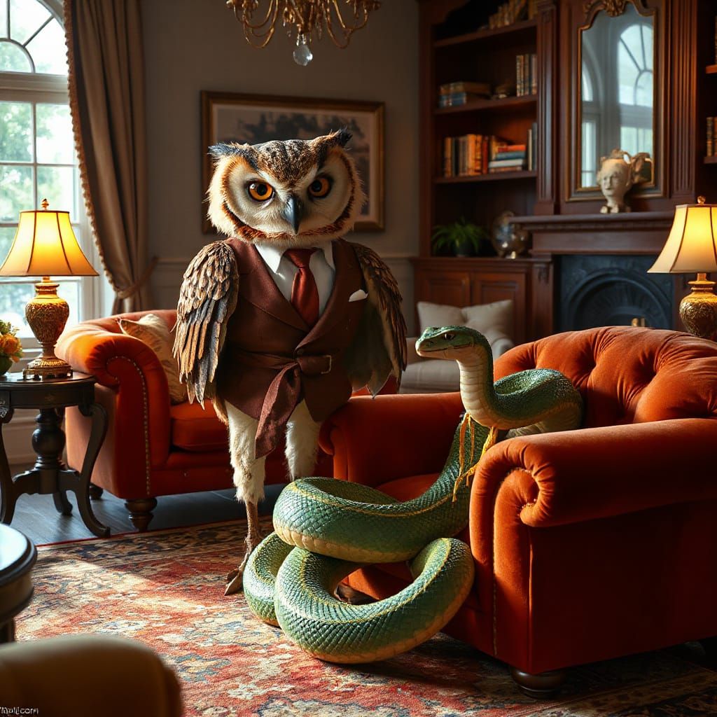 Wise Owl and Snake in Luxurious Living Room
