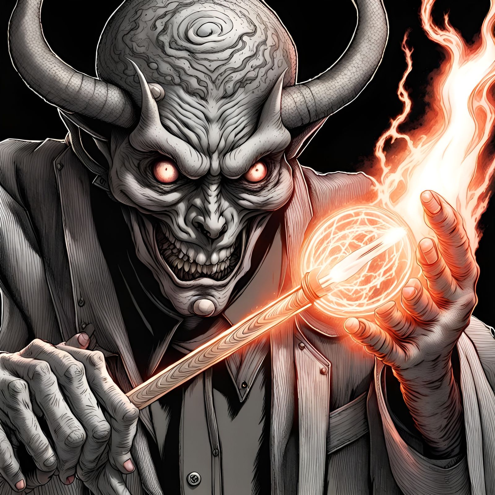 Menacing Demon with Hellfire Wand in Manga Style