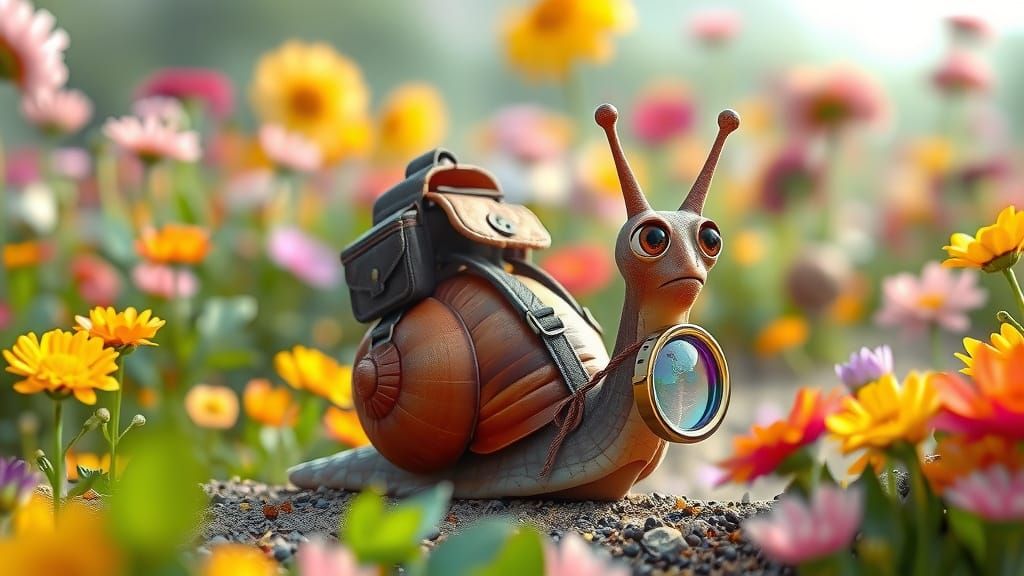 Snail Explorer in Pixar-Inspired Garden Scene