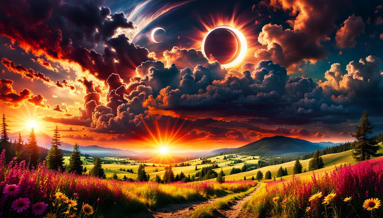 Meadow Landscape Under Giant Eclipse: Digital Matte Painting
