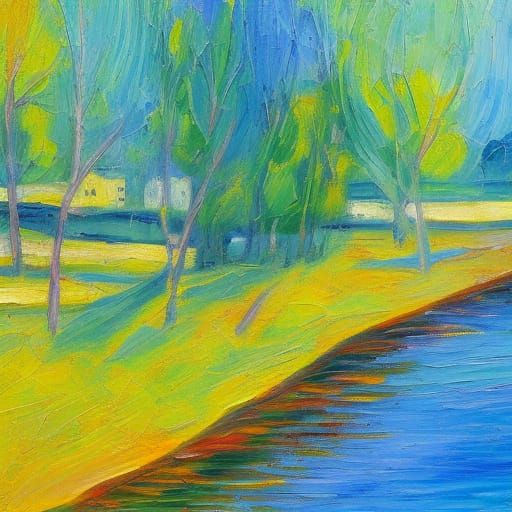 Riverside Scene as Expressionist Impasto Oil Painting