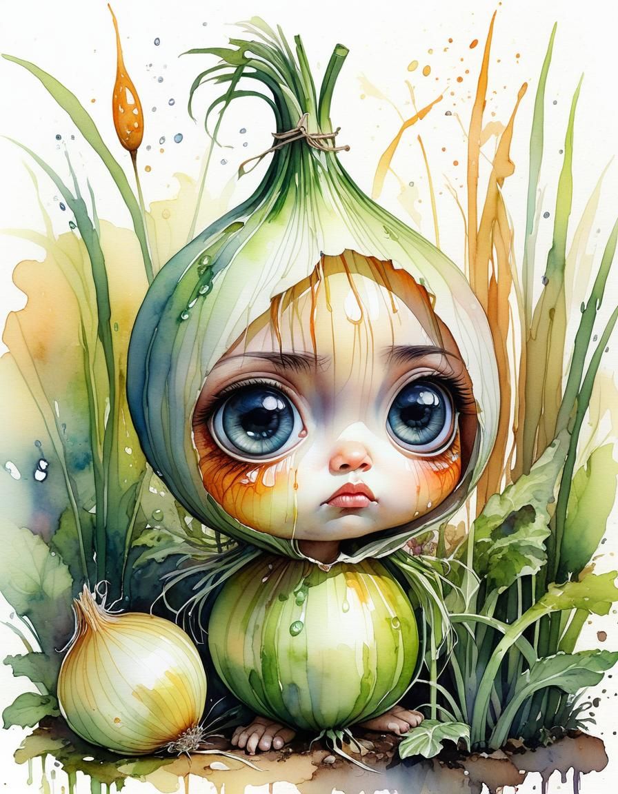Crying Chibi Onion Sprite in Fantasy Garden