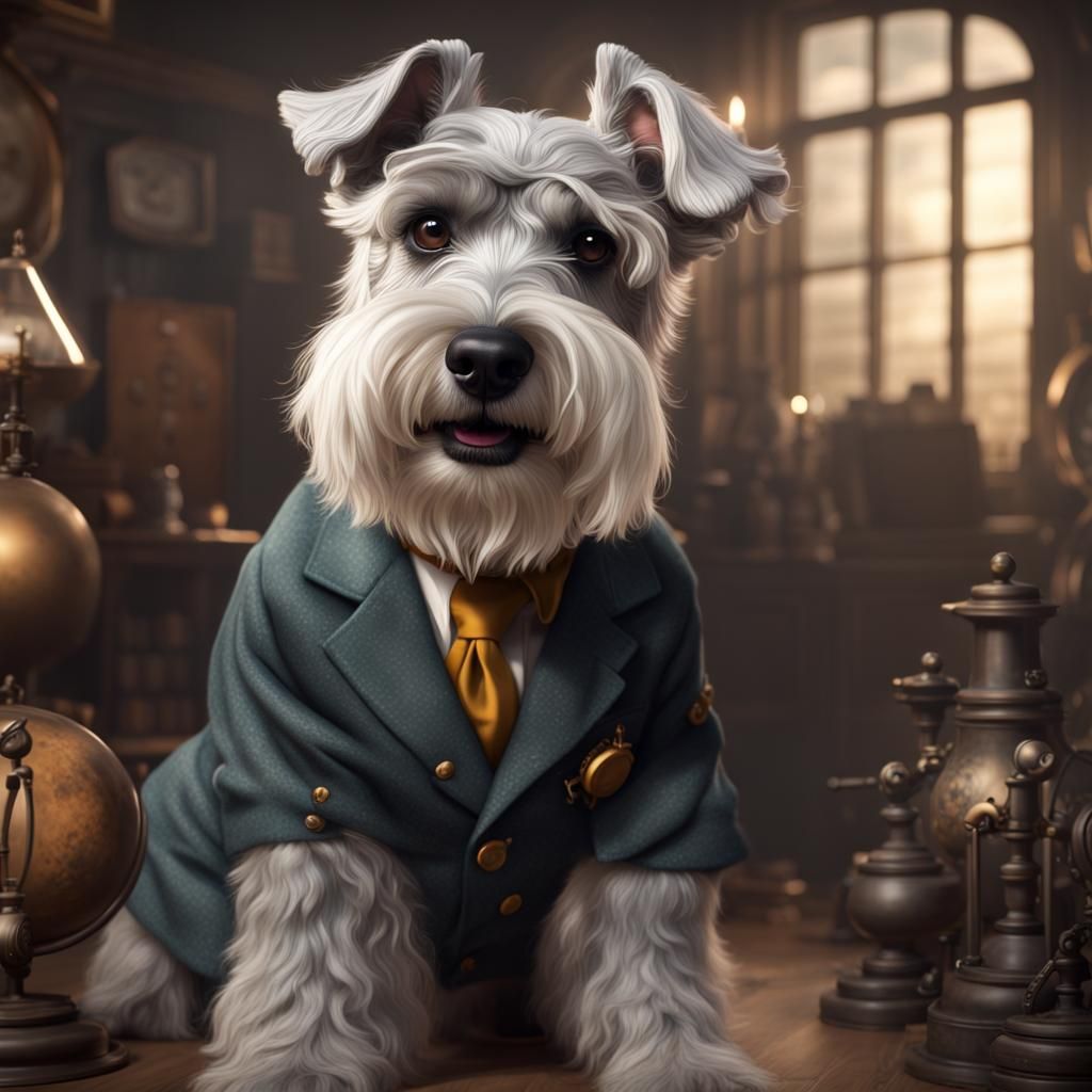 Schnauzer in Einstein Costume: Detailed Fantasy Art