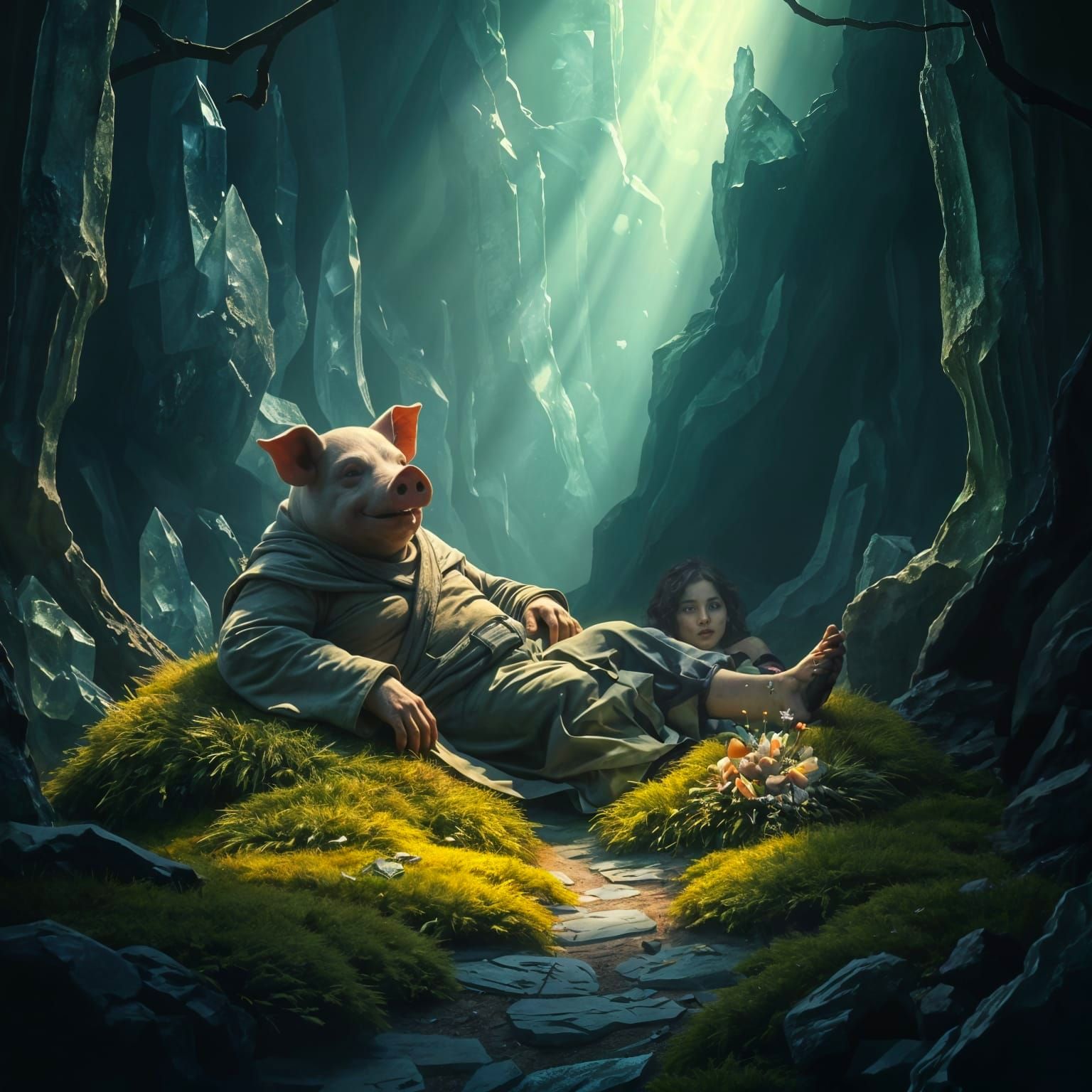 Pig-Headed Man in Crystalline Forest Clearing