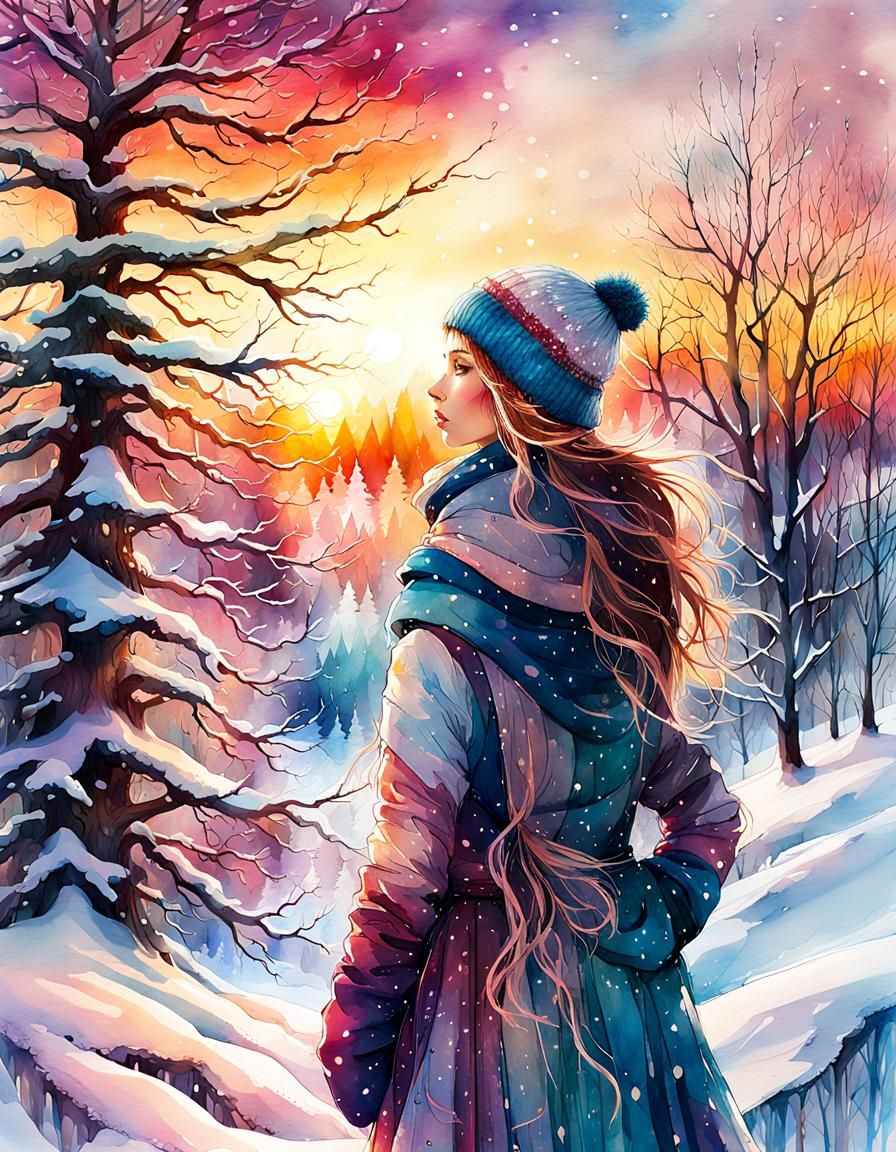 Winter Sunset in Digital Watercolor Style