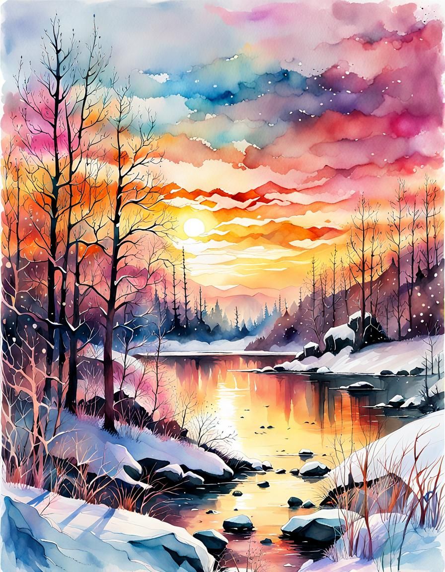 Winter Sunset Digital Watercolor Illustration