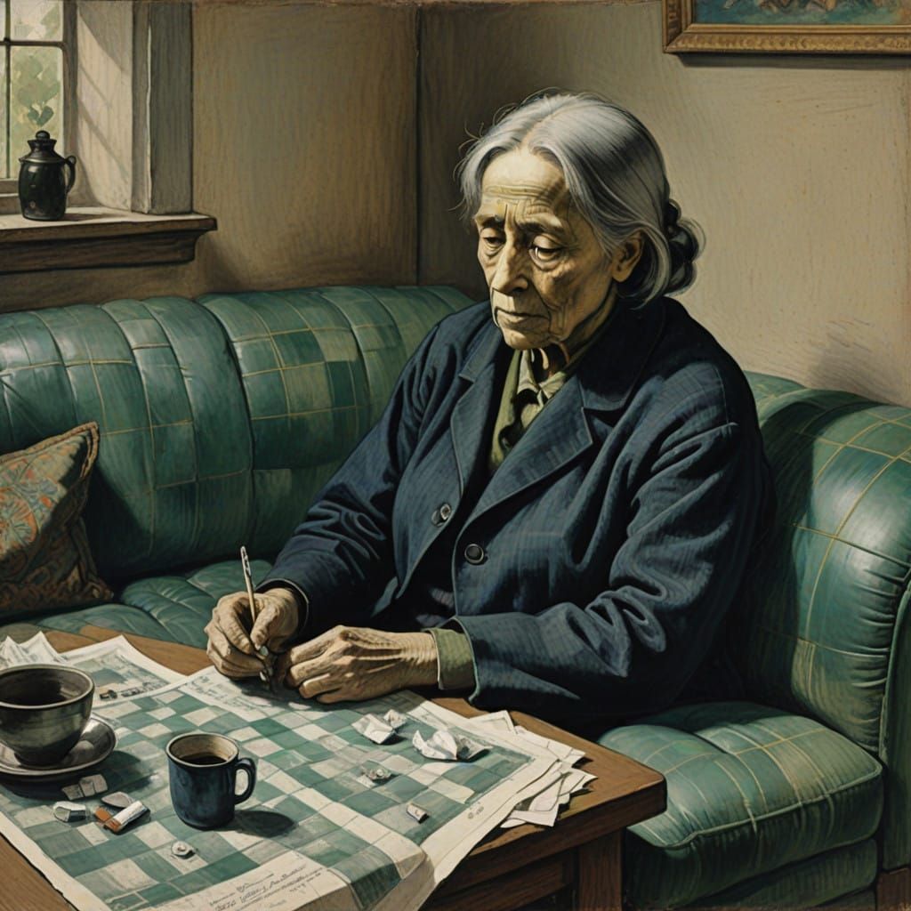 Exhausted Woman on Worn Couch in Charcoal Drawing Style