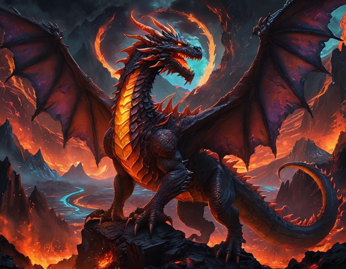 Fire Dragon in Volcano: Neonpunk Concept Art