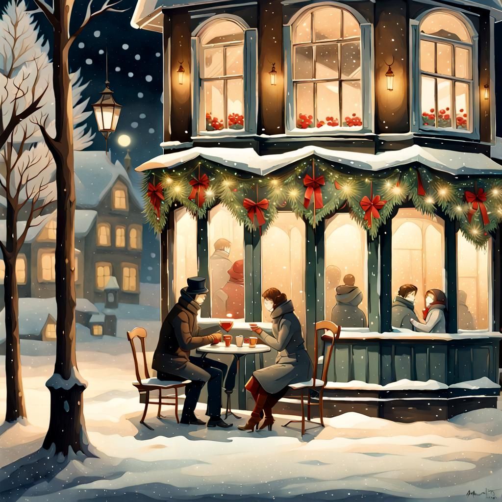 Festive Cafe Scene in Gouache Watercolor Style