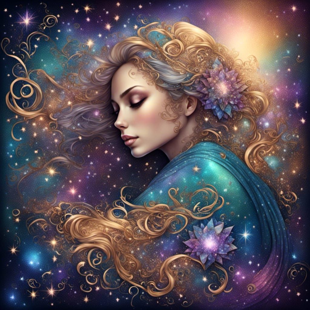 Whimsical Goddess Cuddles the Stars