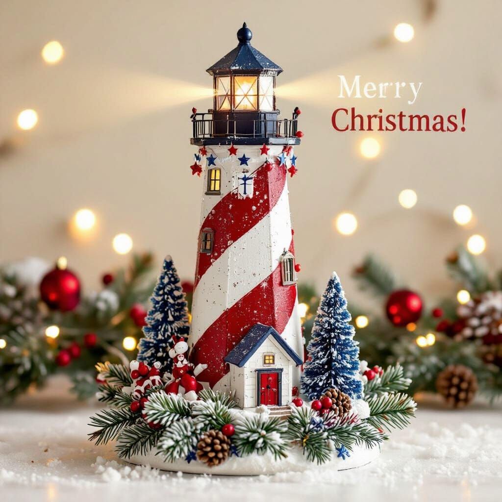 Patriotic Christmas Lighthouse in Red, White, and Blue