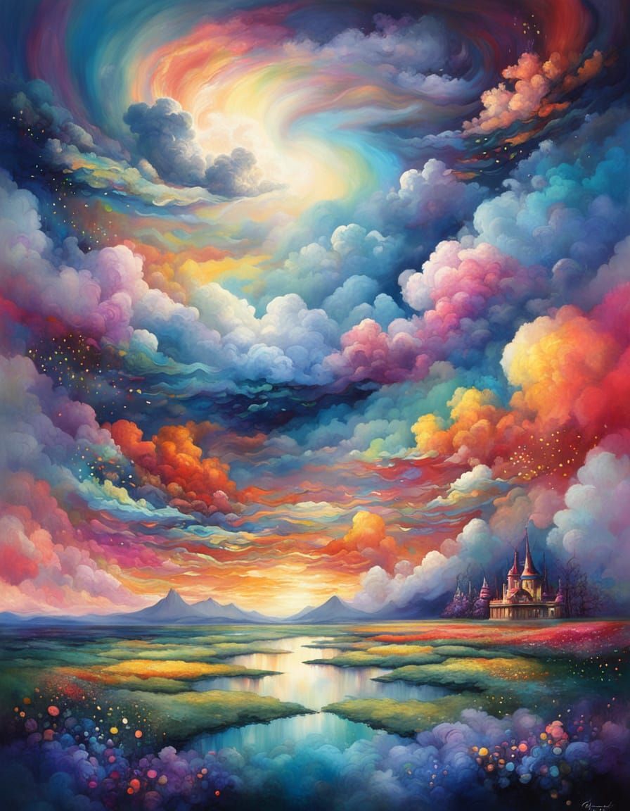 Ethereal Dreamscape with Swirling Clouds and Shimmering Ligh...