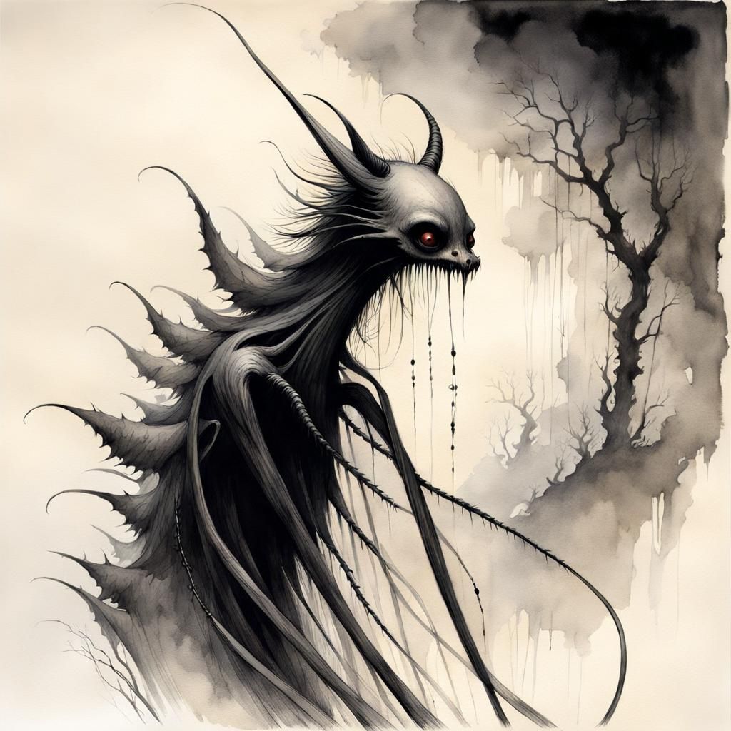 Creepy Shadow Creature Pencil and Watercolor Sketch