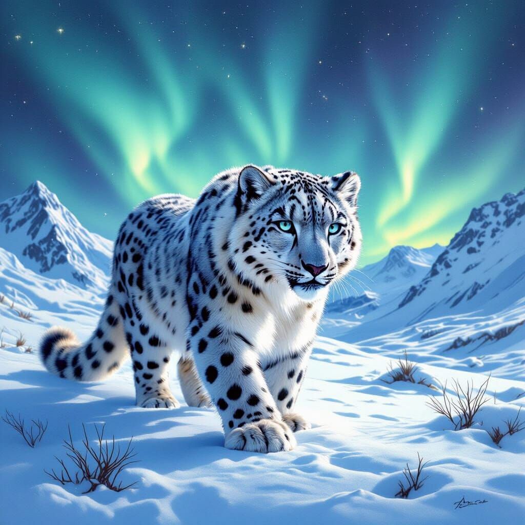 Snow Leopard Under Aurora Borealis in Hyperrealistic Style