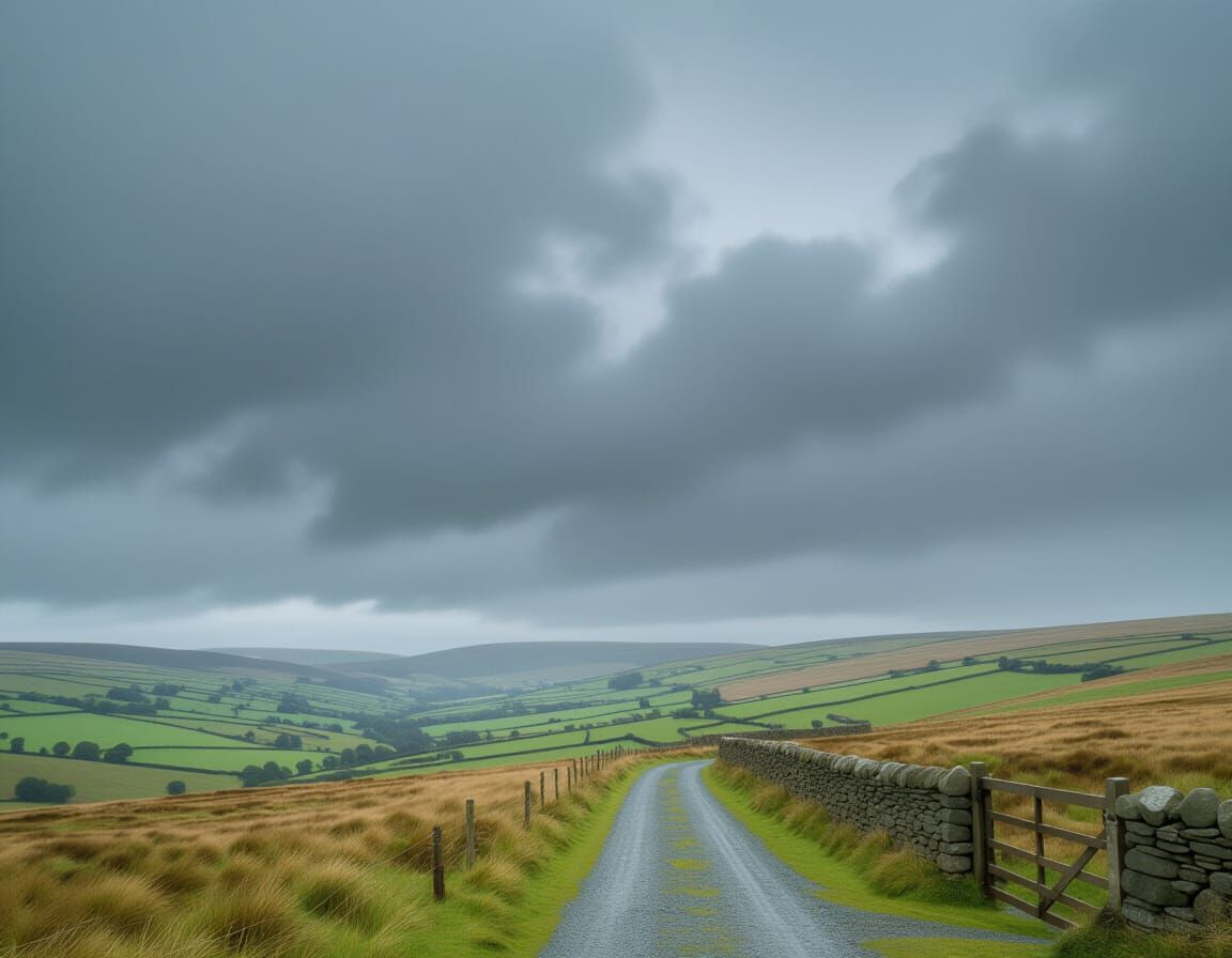 Cinematic Film Still of Brooding Skies Over Yorkshire Landsc...