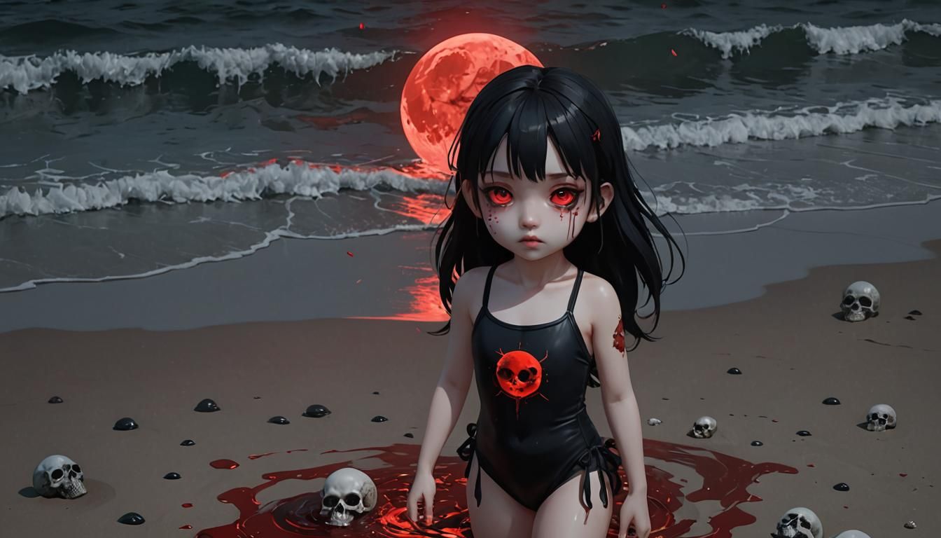 Gothic Anime Girl on Skull Beach with Red Moon