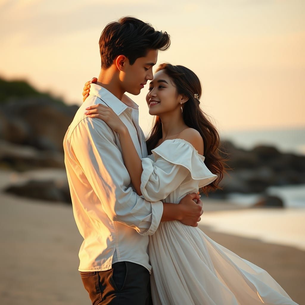 Romantic Beach Embrace in Soft Realism Style