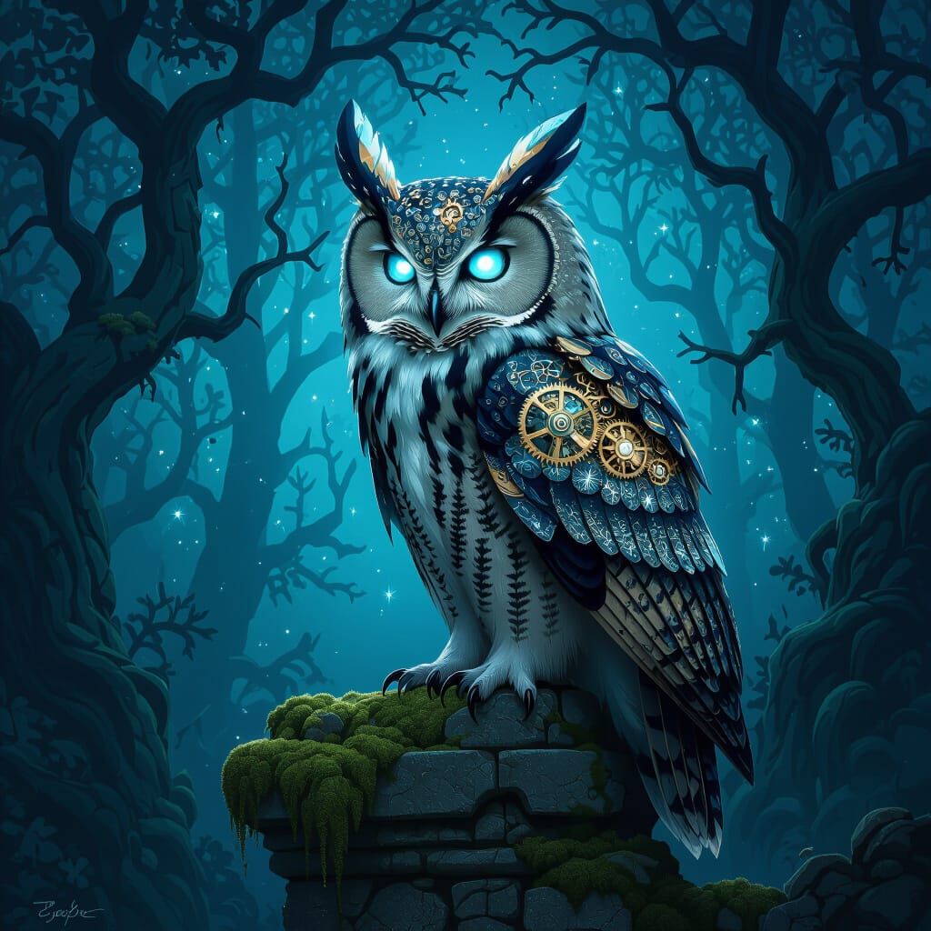 Steampunk Owl with Glowing Eyes on Ancient Ruins