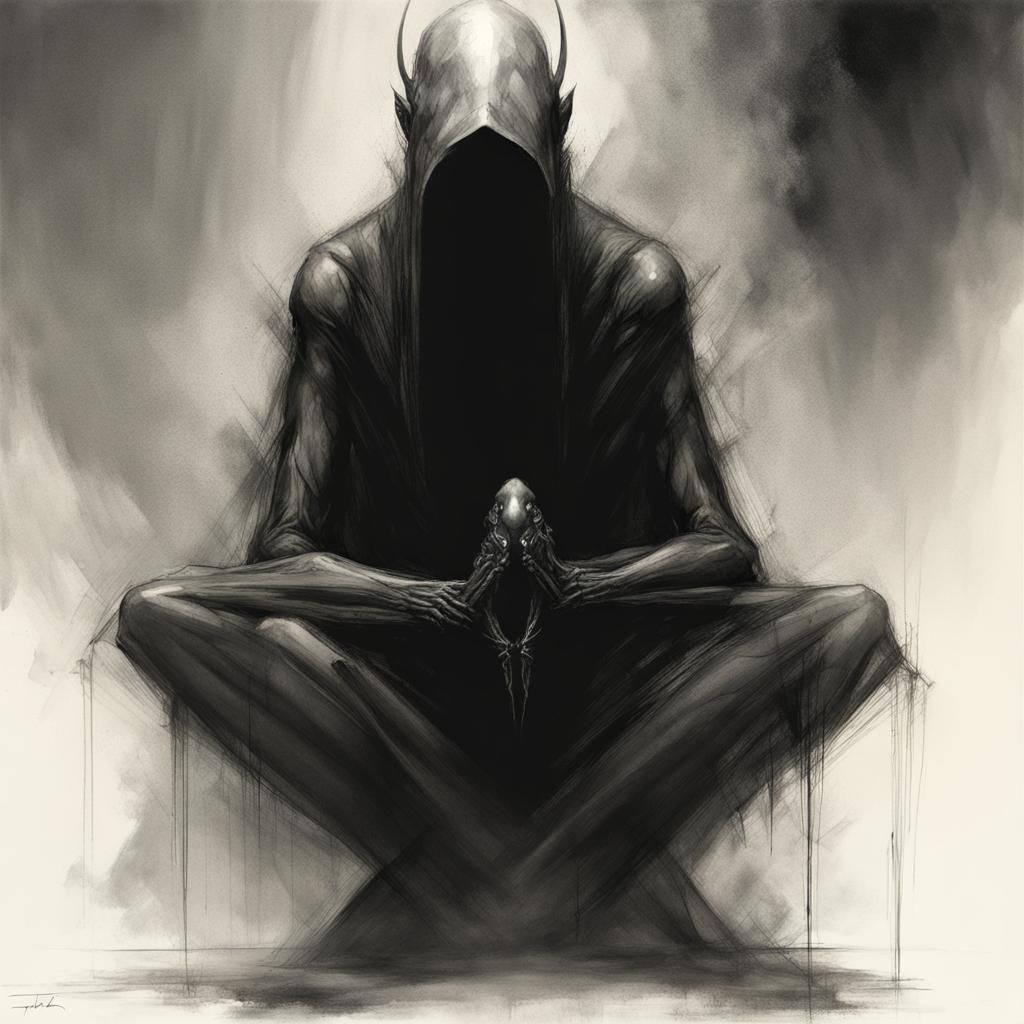 Menacing Praying Mantis Humanoid in Charcoal Sketch Style