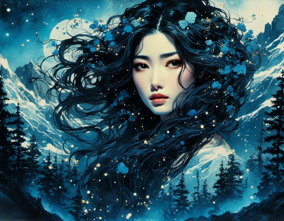 Japanese Woodblock Print: Woman with Mountain View