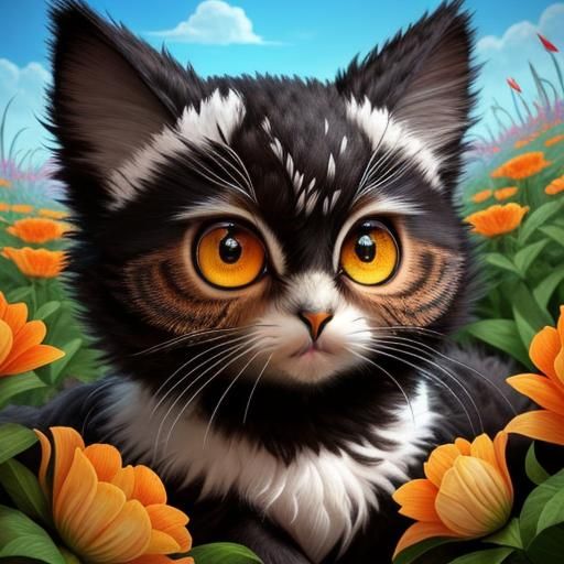 Monster Cat in Flower Field: Fantasy Art